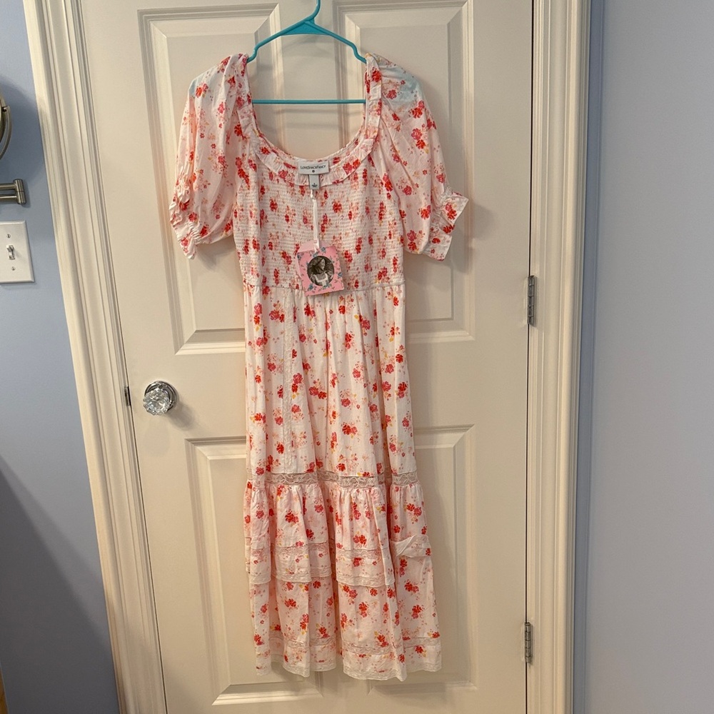 NWT LoveShackFancy Pink and Red Floral Midi Dress